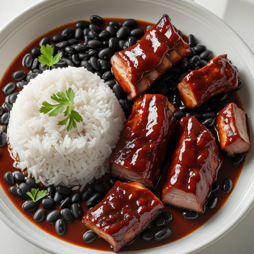 Arroz, Feijão e Costelinha de Porco Sem Osso ao Molho Barbecue